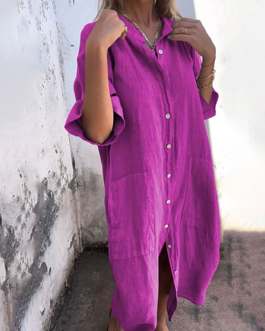Women's Casual Buttoned Long-Sleeved Midi Dress