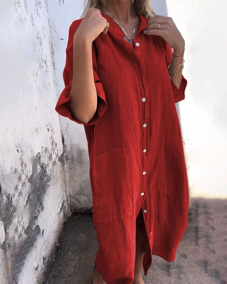 Women's Casual Buttoned Long-Sleeved Midi Dress