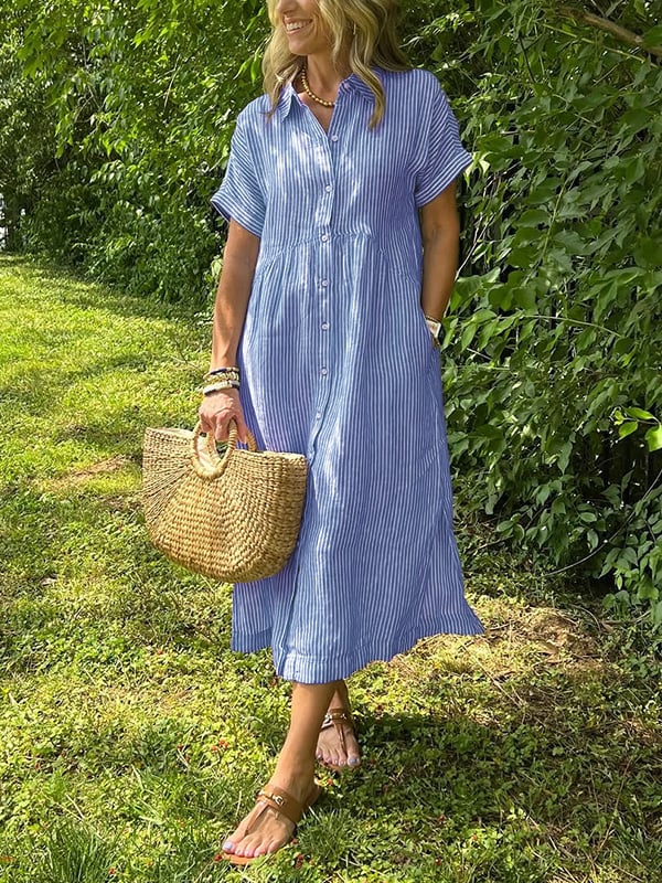 Women's Casual Summer Midi Dress with Stripes and Buttons