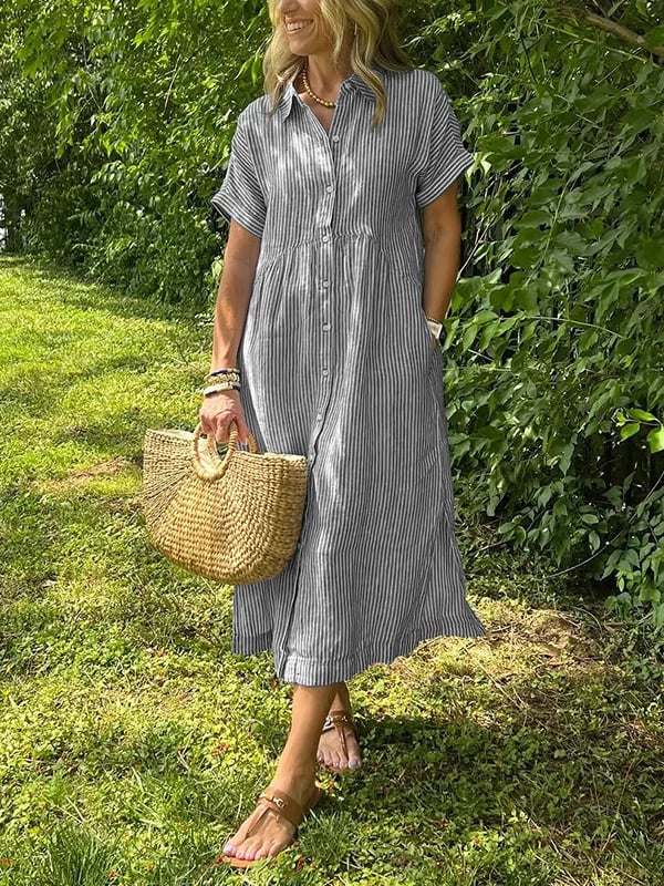 Women's Casual Summer Midi Dress with Stripes and Buttons