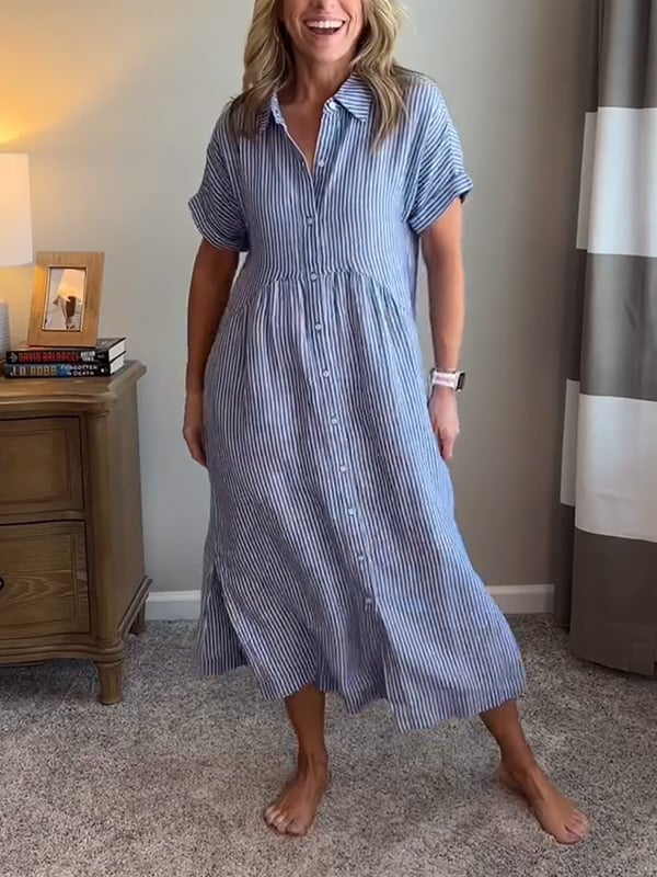 Women's Casual Summer Midi Dress with Stripes and Buttons