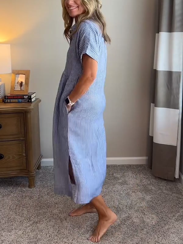 Women's Casual Summer Midi Dress with Stripes and Buttons