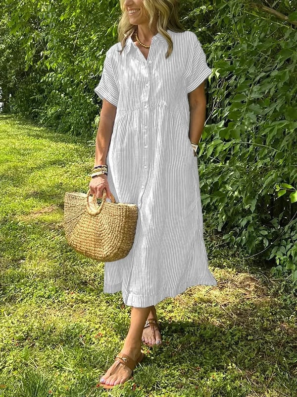 Women's Casual Summer Midi Dress with Stripes and Buttons