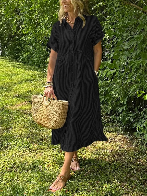 Women's Casual Summer Midi Dress with Stripes and Buttons