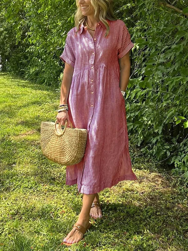 Women's Casual Summer Midi Dress with Stripes and Buttons
