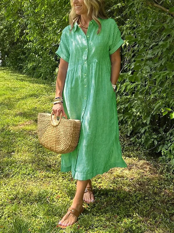 Women's Casual Summer Midi Dress with Stripes and Buttons
