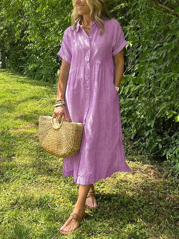Women's Casual Summer Midi Dress with Stripes and Buttons