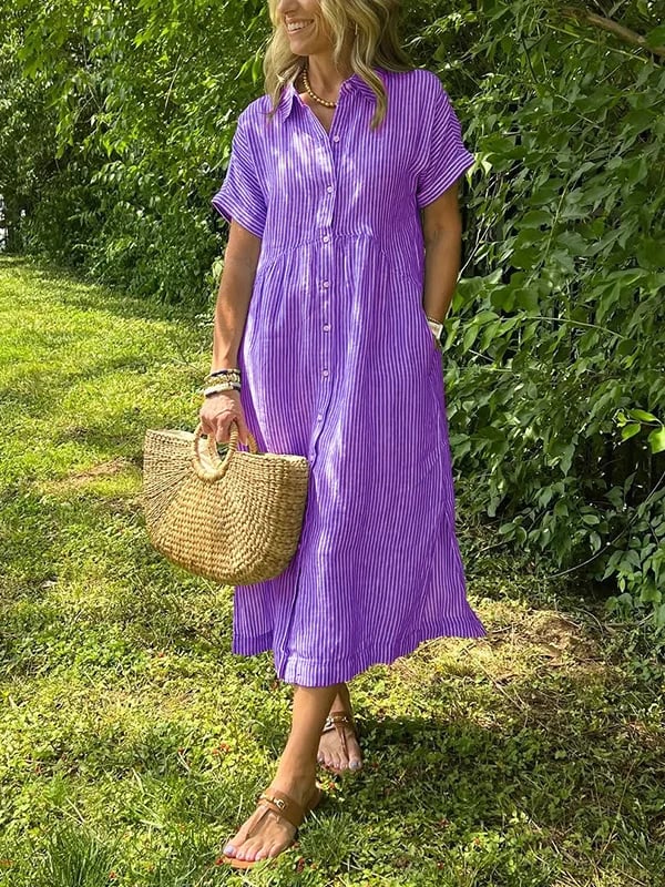 Women's Casual Summer Midi Dress with Stripes and Buttons