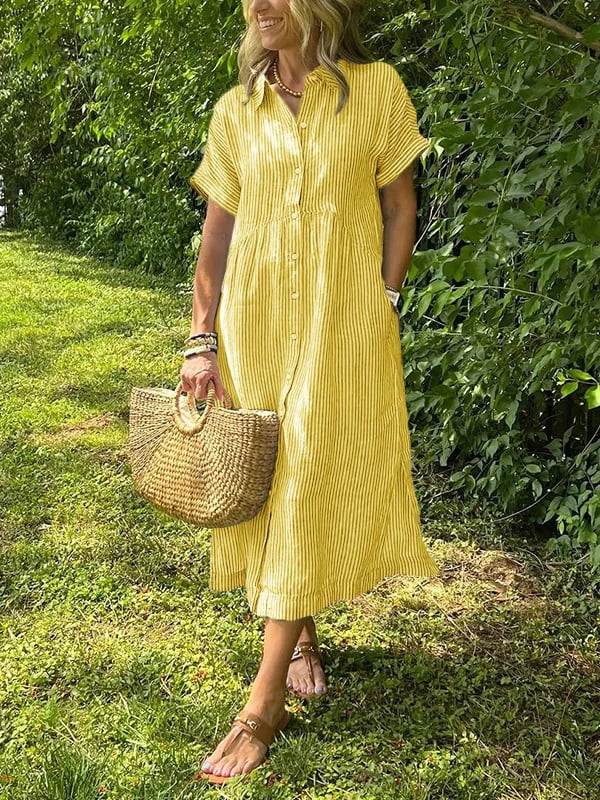 Women's Casual Summer Midi Dress with Stripes and Buttons