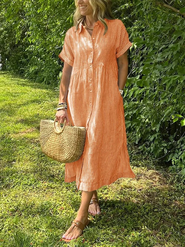 Women's Casual Summer Midi Dress with Stripes and Buttons