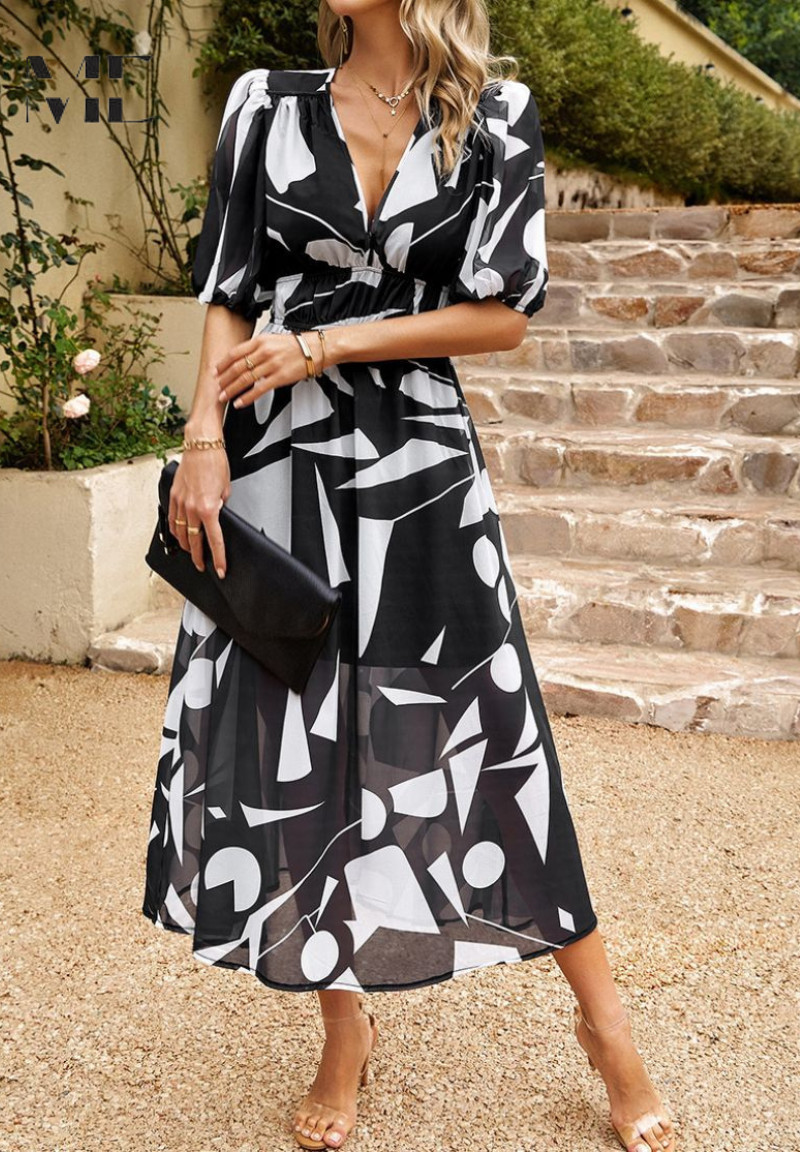 Women's Summer Casual V-Neckline Floral Print Midi Dress