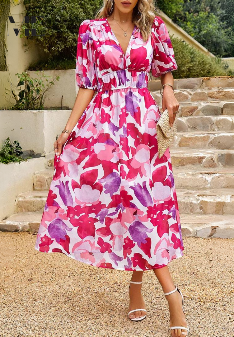Women's Summer Casual V-Neckline Floral Print Midi Dress