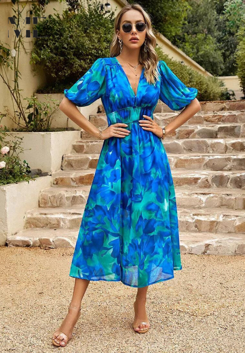 Women's Summer Casual V-Neckline Floral Print Midi Dress