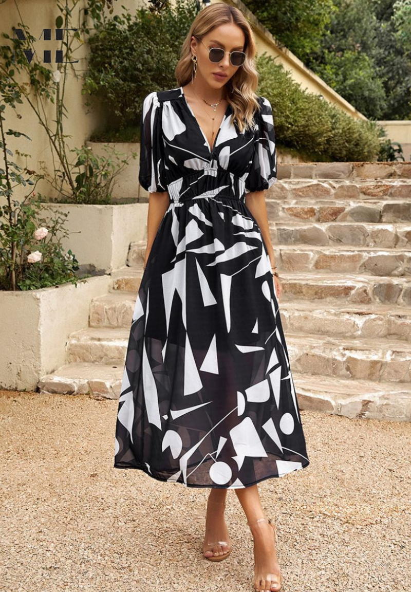 Women's Summer Casual V-Neckline Floral Print Midi Dress
