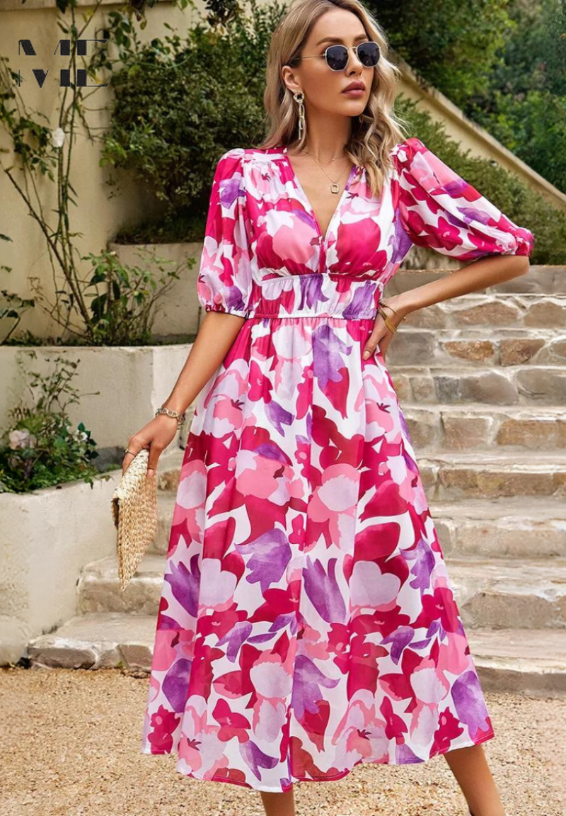 Women's Summer Casual V-Neckline Floral Print Midi Dress
