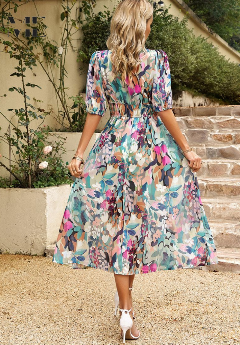 Women's Summer Casual V-Neckline Floral Print Midi Dress