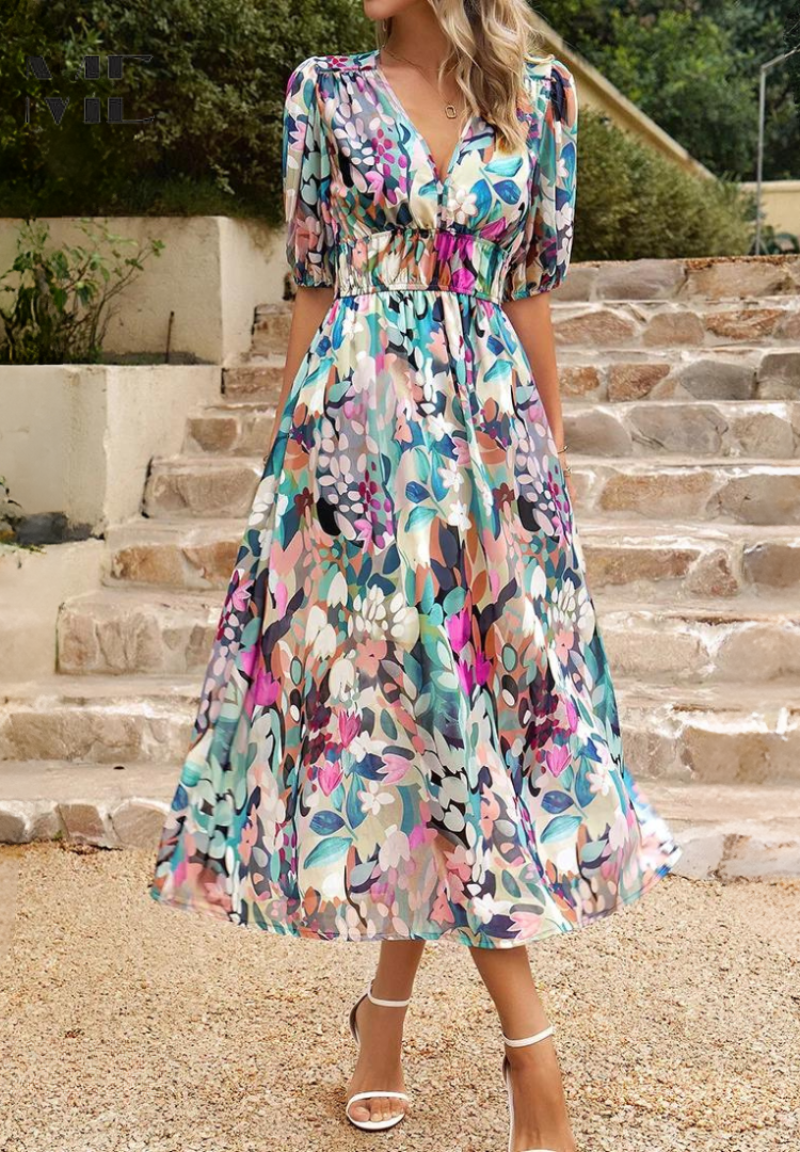 Women's Summer Casual V-Neckline Floral Print Midi Dress