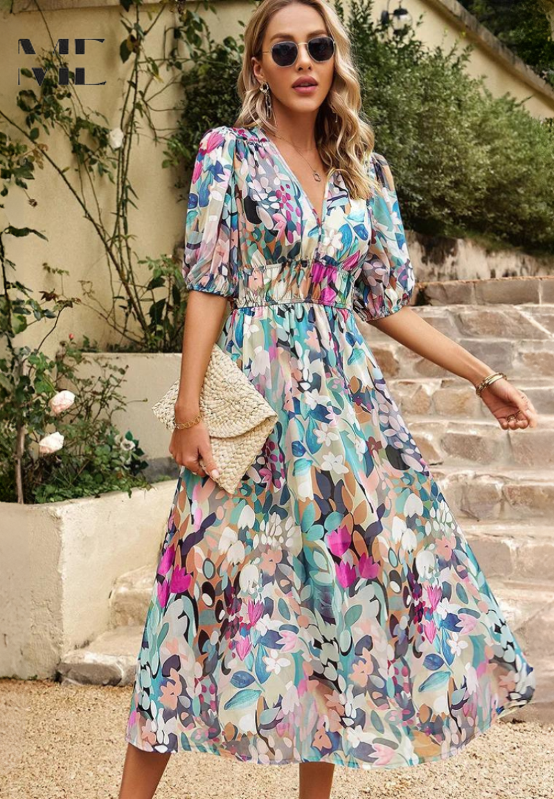 Women's Summer Casual V-Neckline Floral Print Midi Dress