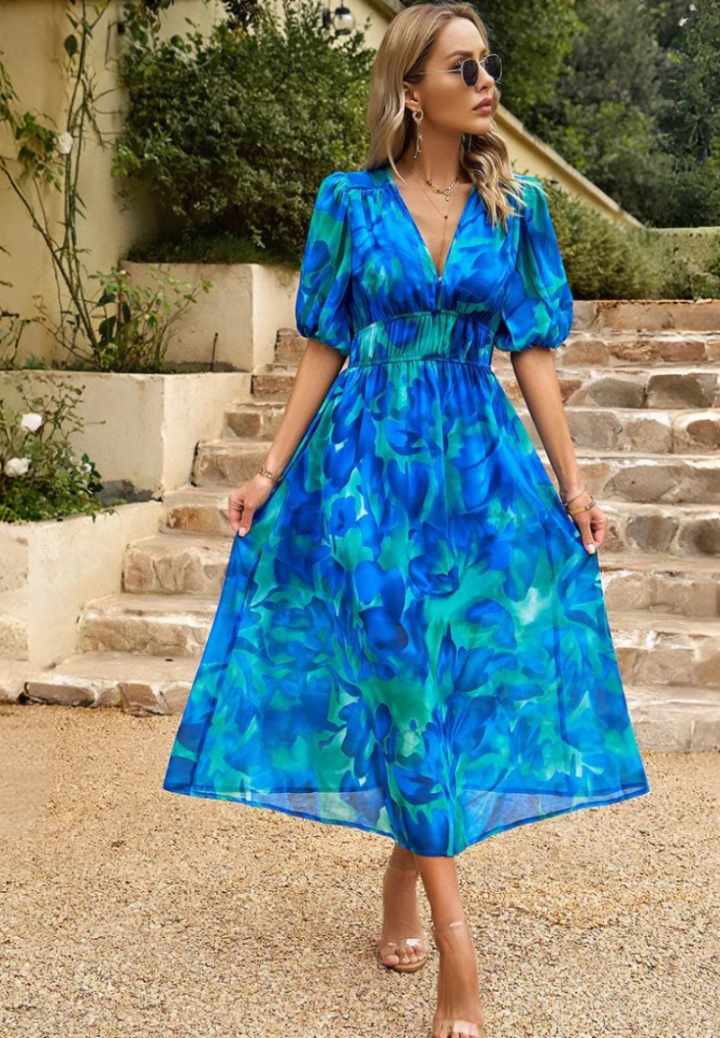 Women's Summer Casual V-Neckline Floral Print Midi Dress