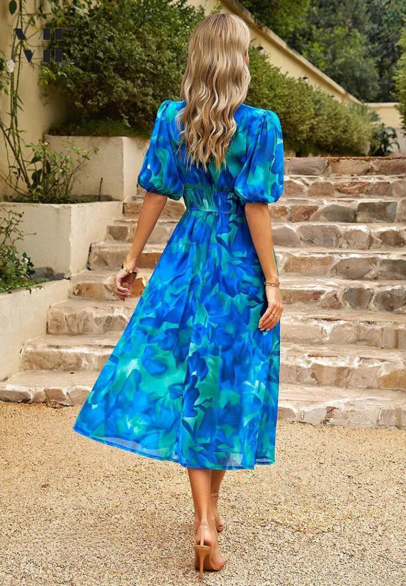 Women's Summer Casual V-Neckline Floral Print Midi Dress
