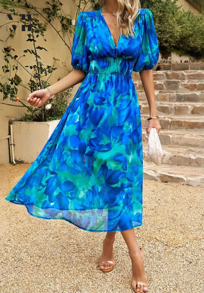 Women's Summer Casual V-Neckline Floral Print Midi Dress