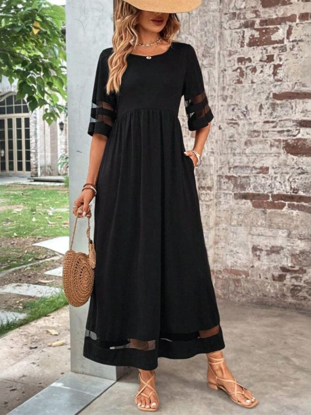 Women's Flowing Cocktail Party Sheer Inset Maxi Gown