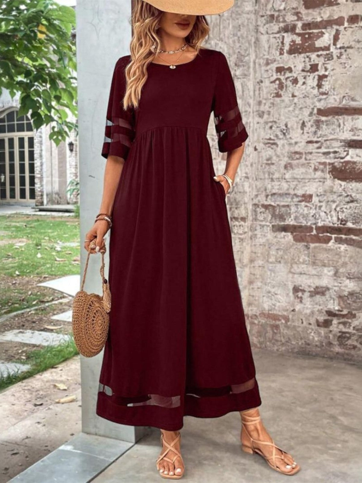 Women's Flowing Cocktail Party Sheer Inset Maxi Gown