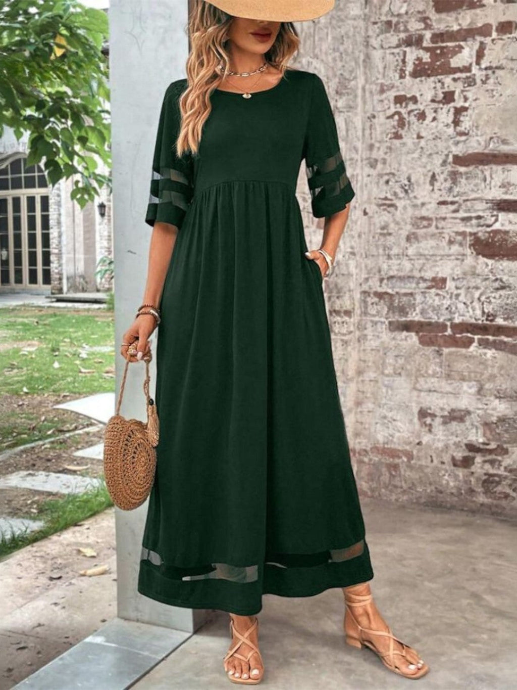Women's Flowing Cocktail Party Sheer Inset Maxi Gown