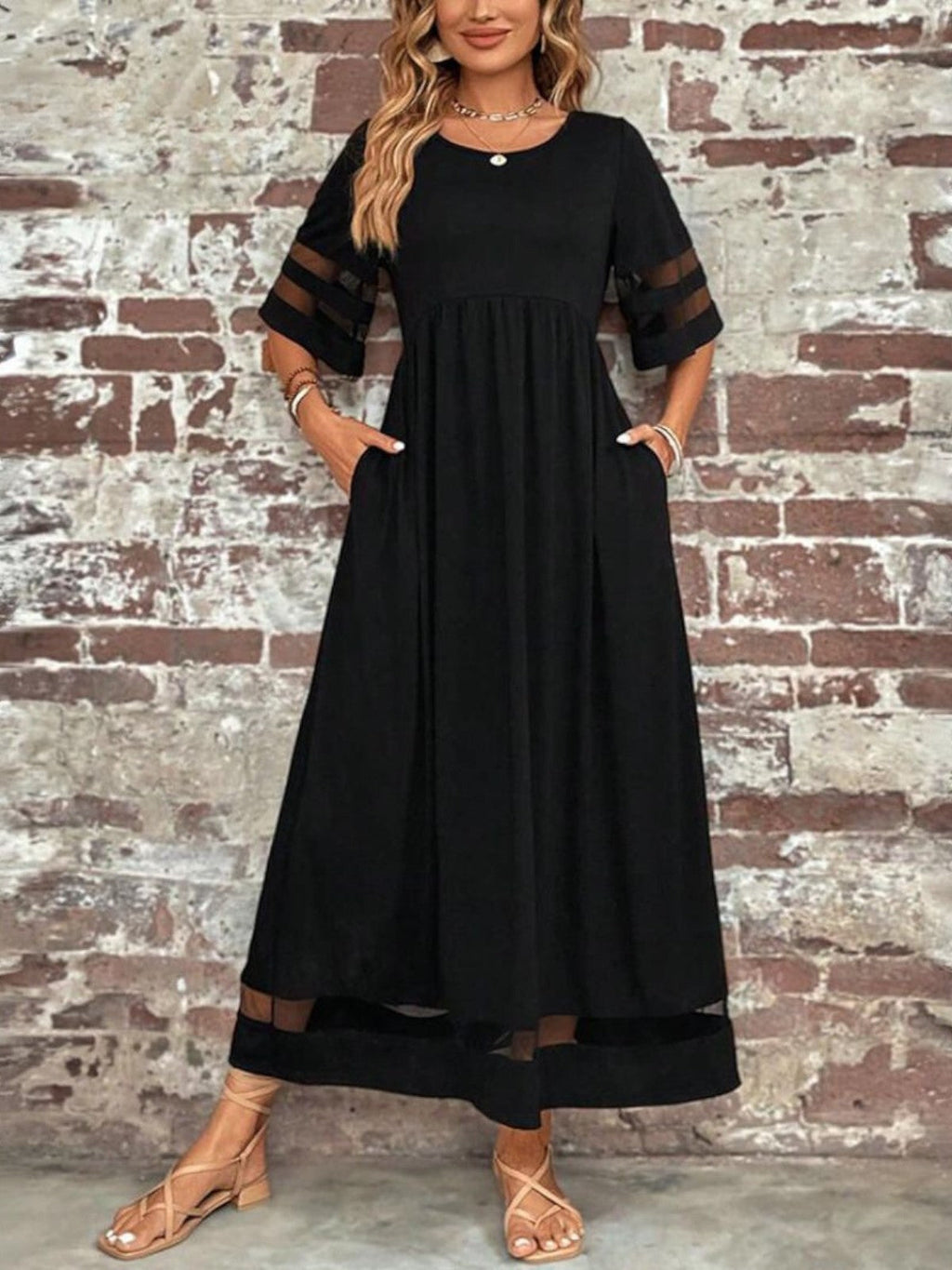 Women's Flowing Cocktail Party Sheer Inset Maxi Gown