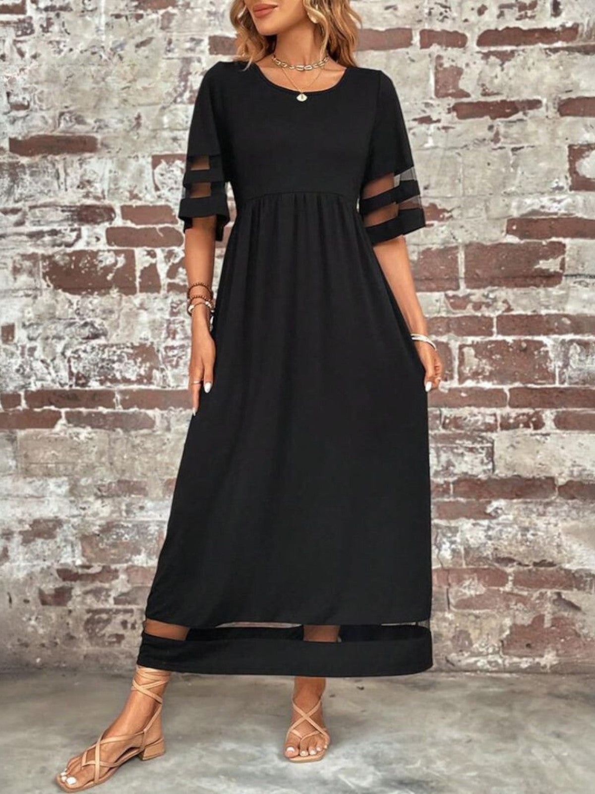 Women's Flowing Cocktail Party Sheer Inset Maxi Gown