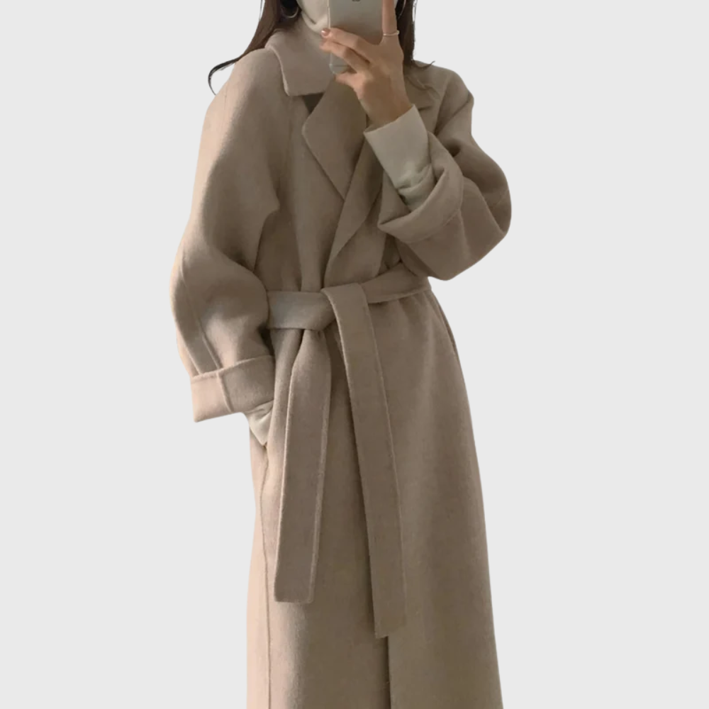 Women's Tie-Waist Wool-Blend Long Winter Topcoat