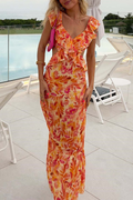 Women's Summer Vacation Botanical Print Ruffle Maxi Dress