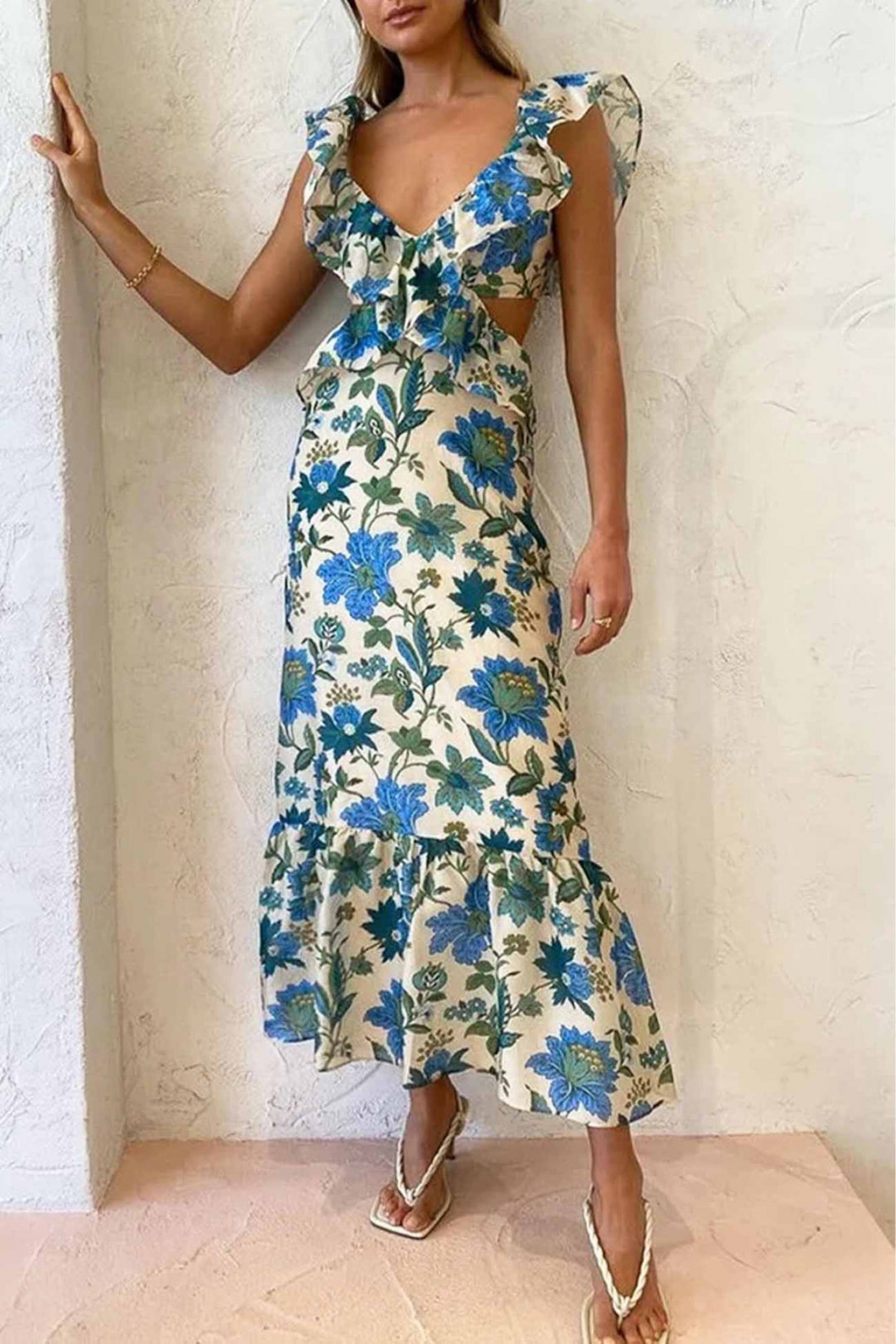 Women's Summer Vacation Botanical Print Ruffle Maxi Dress