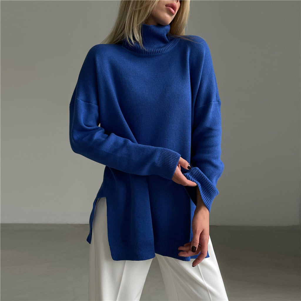 Women's Draped Relaxed Turtleneck Sweater with Split Hem