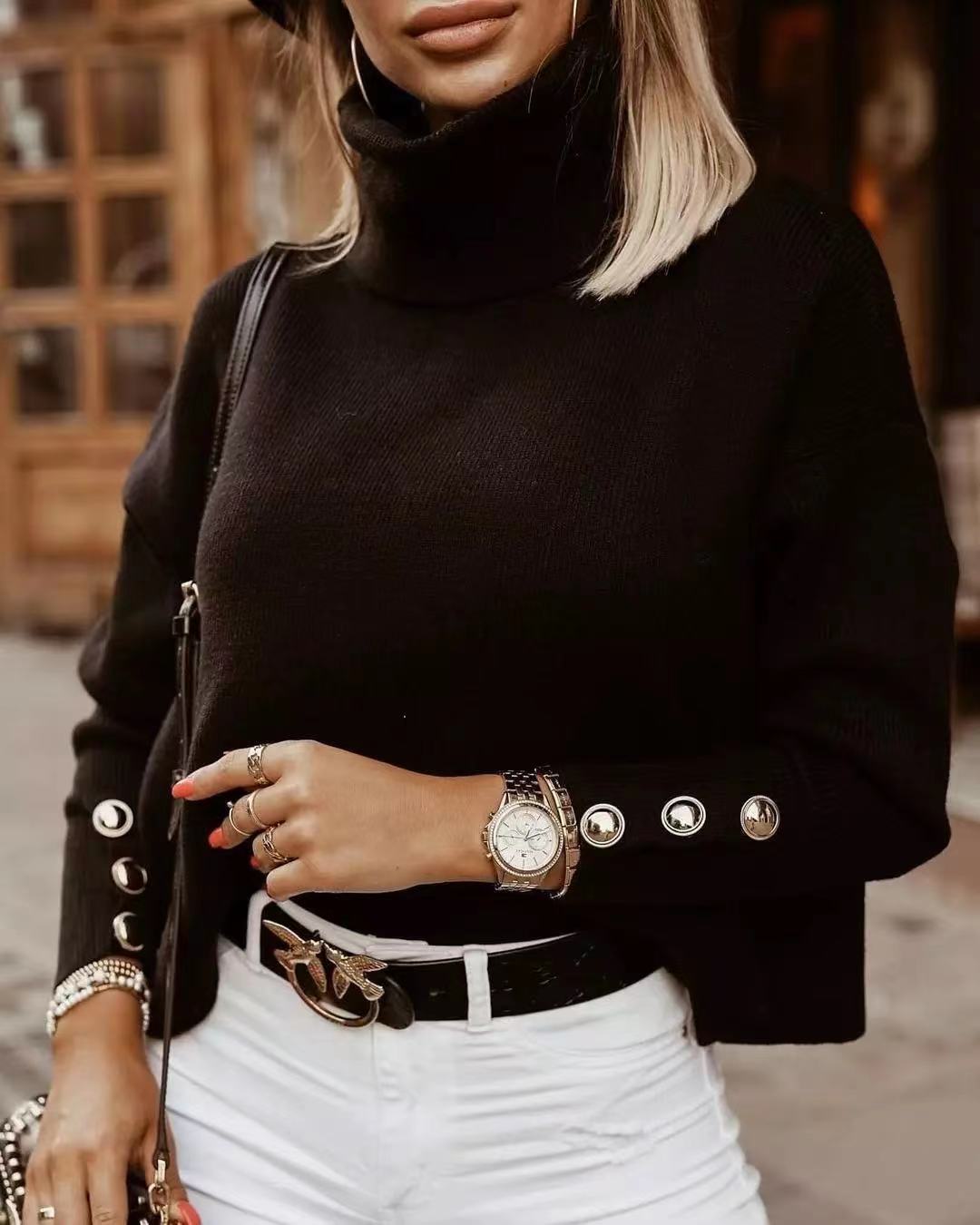 Women's Button-Sleeve High Neck Ribbed Knit Sweater