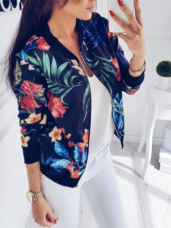 Women's Statement Floral Bomber Jacket with Zip Front