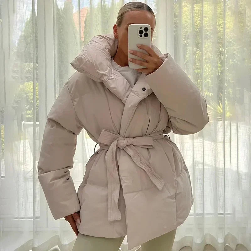 Women's Padded Belted Stand Collar Puffer Coat