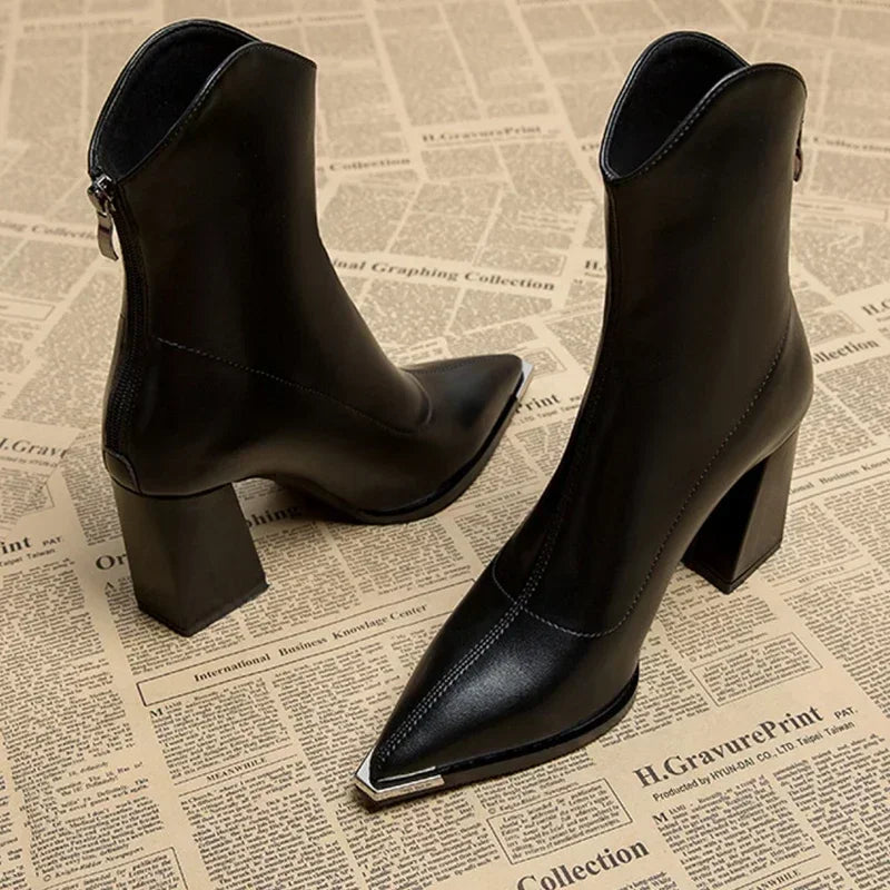 Women's Smart Pointed Short Boots with Block Heel