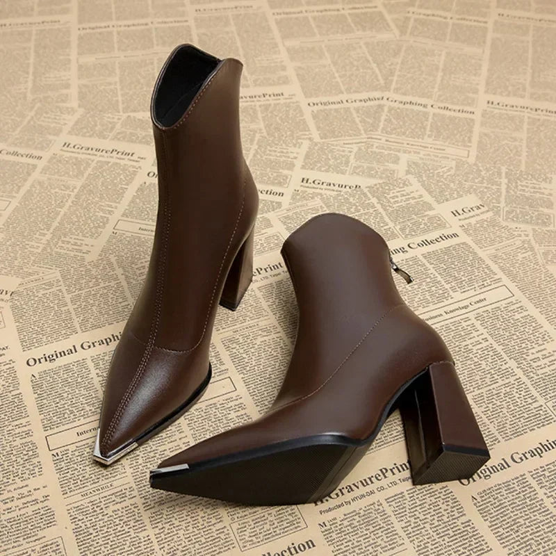 Women's Smart Pointed Short Boots with Block Heel
