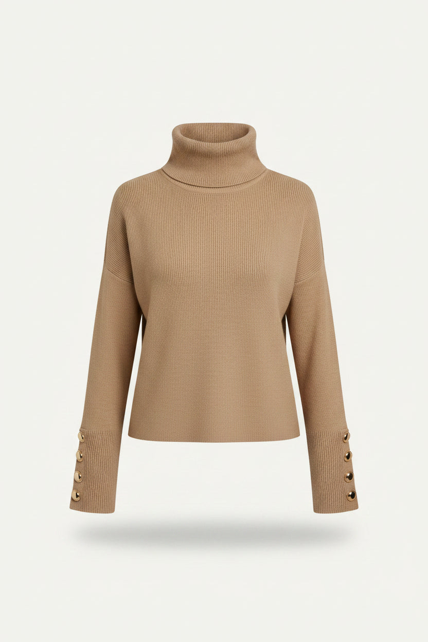 Women's Button-Sleeve High Neck Ribbed Knit Sweater