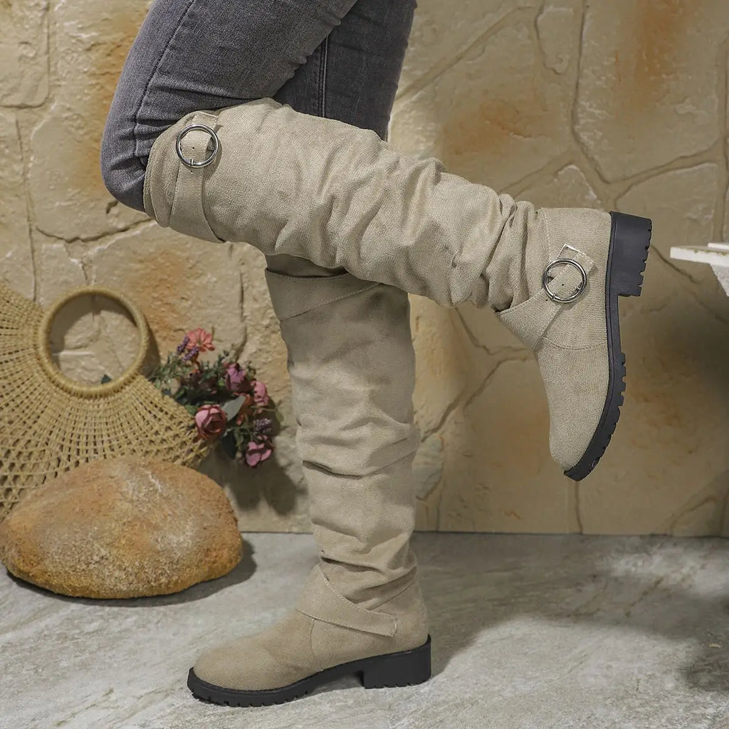 Women's Knee-High Slouchy Boots with Buckle Accent