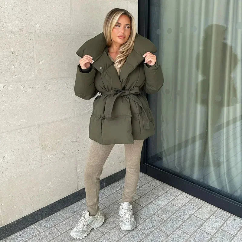 Women's Padded Belted Stand Collar Puffer Coat