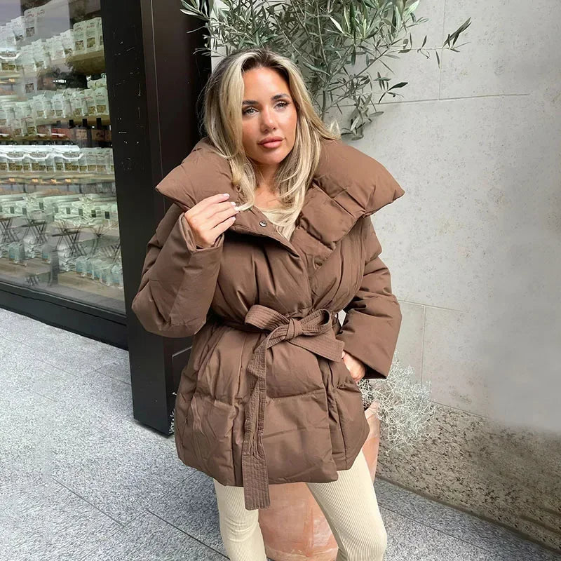 Women's Padded Belted Stand Collar Puffer Coat