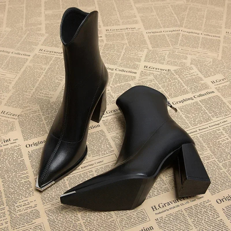 Women's Smart Pointed Short Boots with Block Heel