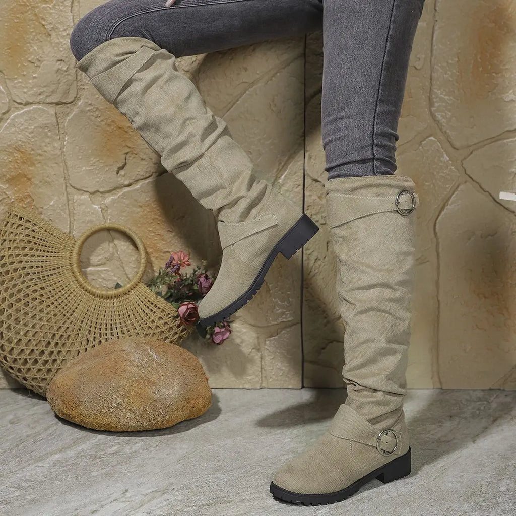 Women's Knee-High Slouchy Boots with Buckle Accent