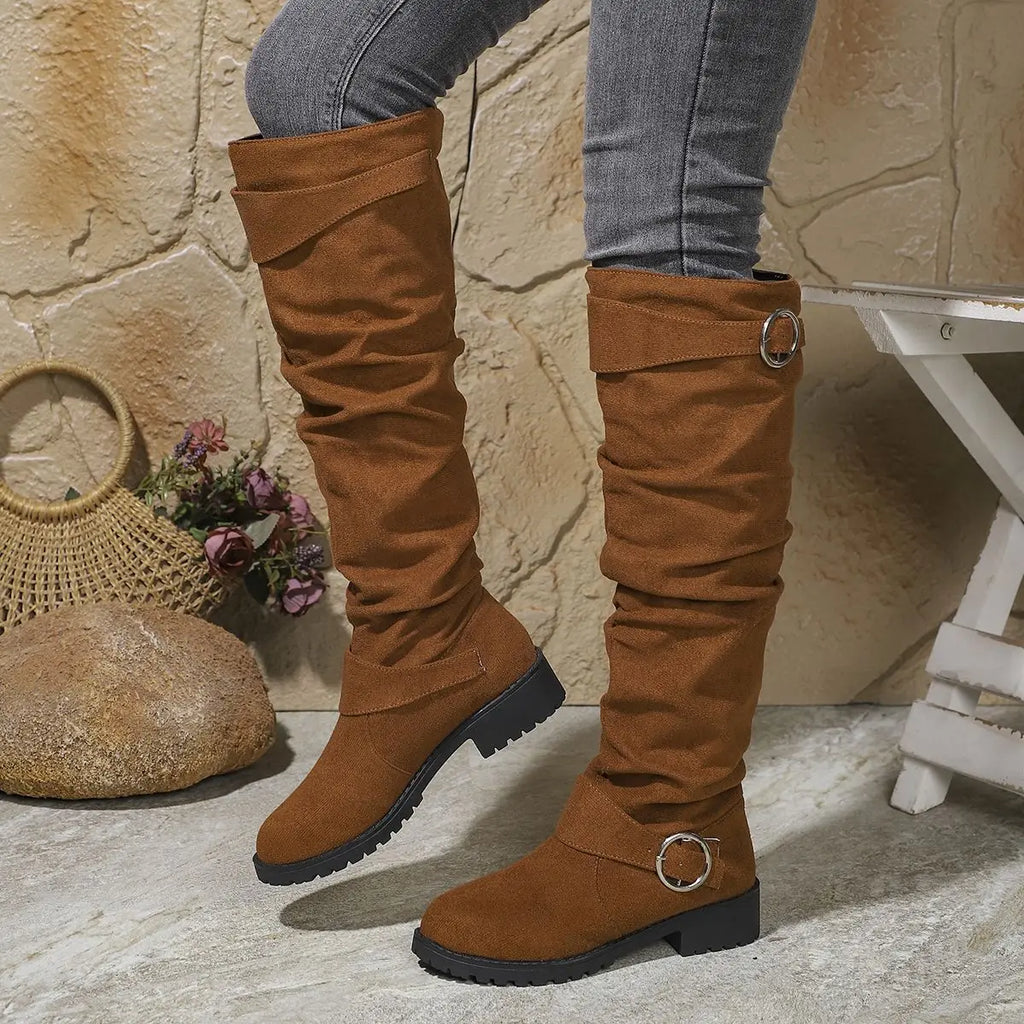 Women's Knee-High Slouchy Boots with Buckle Accent