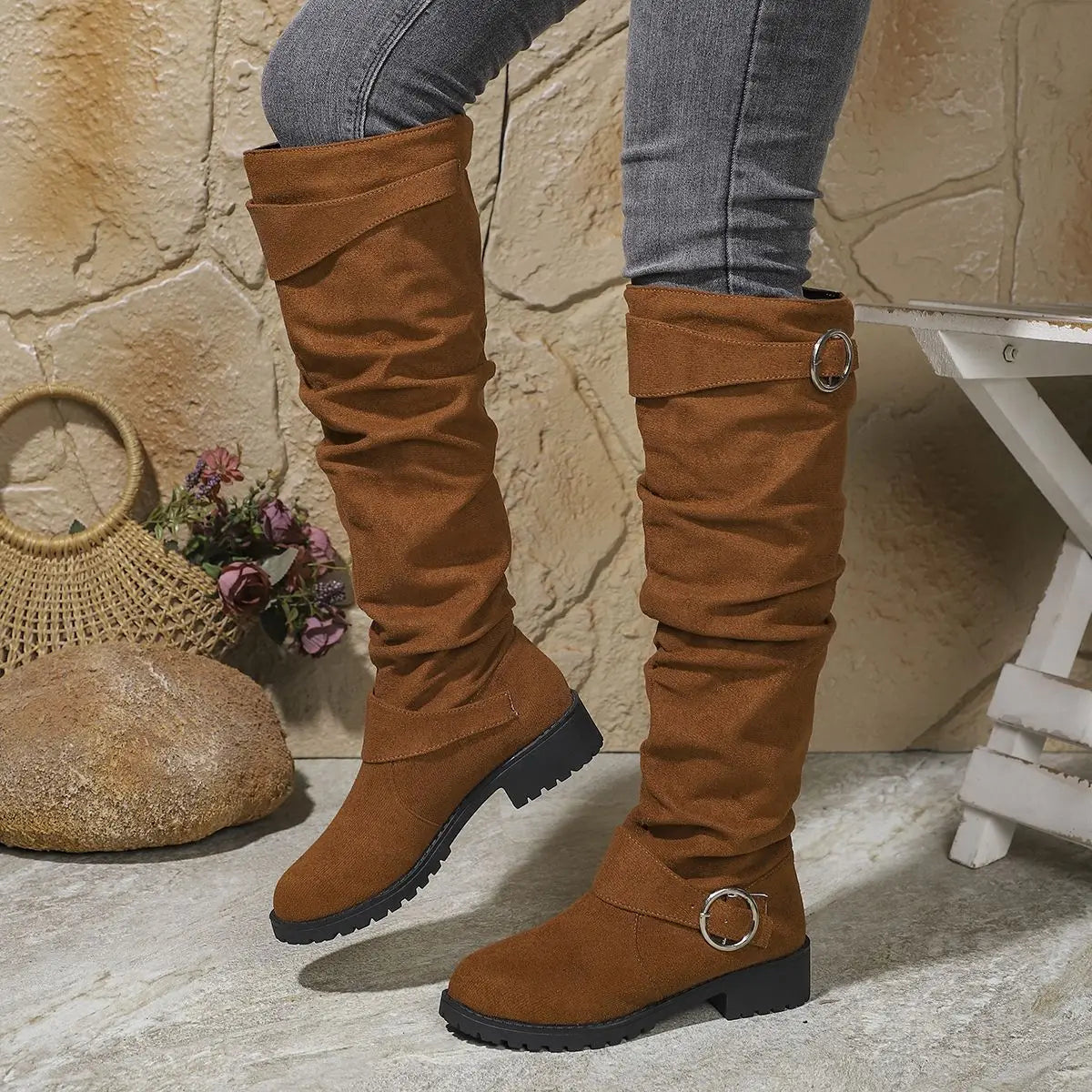 Women's Knee-High Slouchy Boots with Buckle Accent