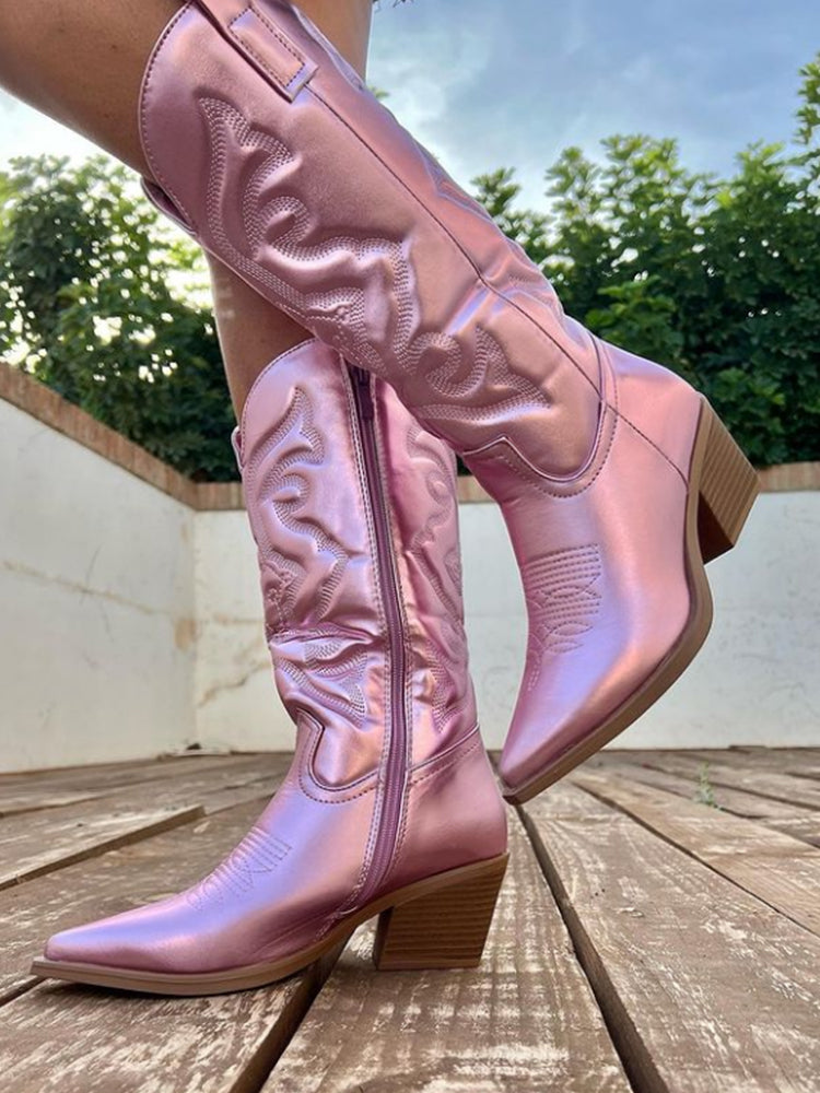 Women's Western Style Cowboy Boots with Metallic Sheen