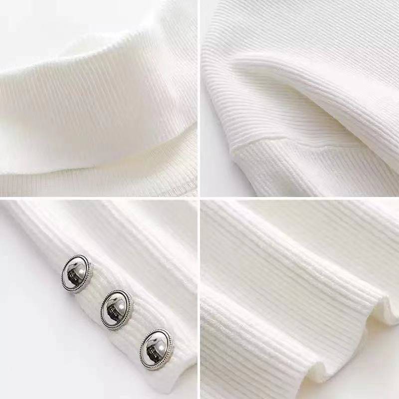 Women's Button-Sleeve High Neck Ribbed Knit Sweater