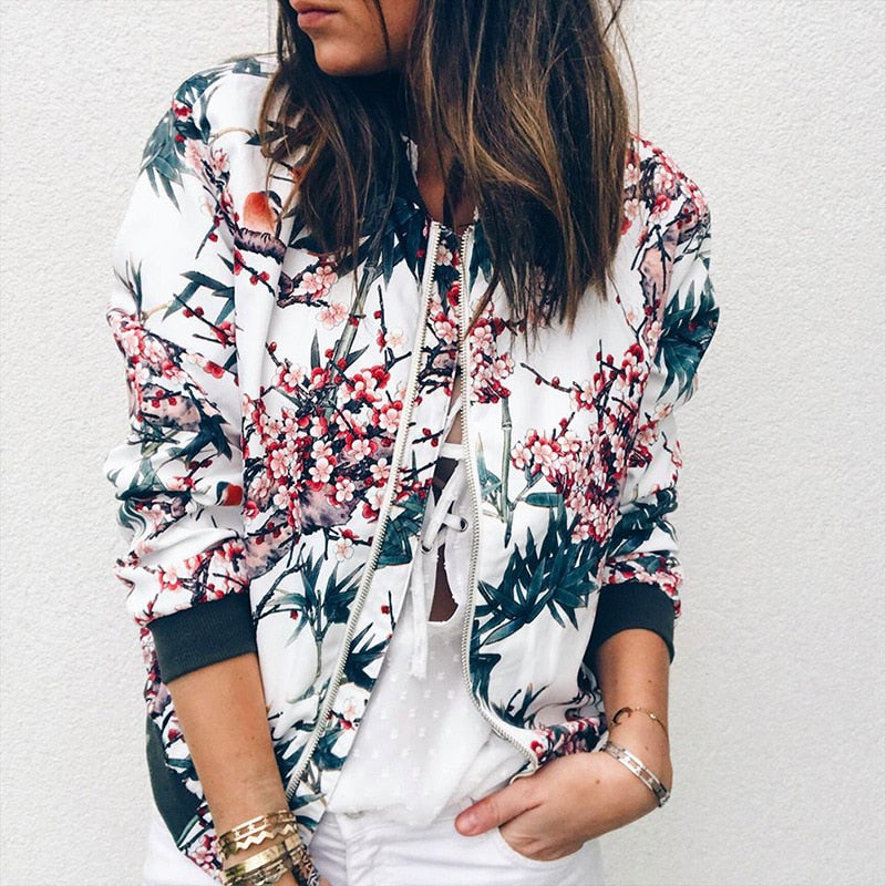 Women's Statement Floral Bomber Jacket with Zip Front